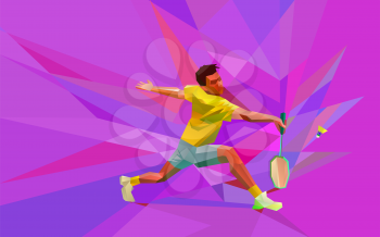 Polygonal geometric professional badminton player on colorful low poly background doing smash shot with space for flyer, poster, web, leaflet, magazine. Vector illustration