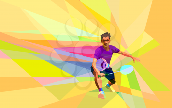 Polygonal geometric professional badminton player on colorful low poly background doing forehand shot with space for flyer, poster, web, leaflet, magazine. Vector illustration