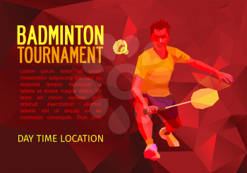 Unusual colorful triangle shape Geometric polygonal professional badminton player, pattern design, vector illustration with empty space for poster, banner, web, leaflet, magazine. Shades of red backgr
