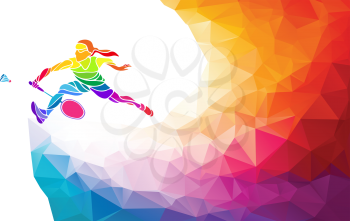 Badminton sport invitation poster or flyer background with empty space, banner template in trendy abstract colorful polygon style. Female badminton player. Vector illustration