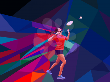 Unusual colorful triangle background. Geometric polygonal professional female badminton player on colorful back