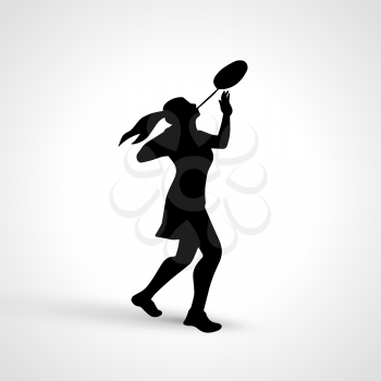 Silhouette of abstract female badminton player doing smash shot. Black and white outline professional badminton player. Vector illustration