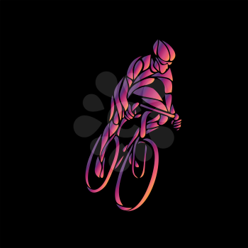 Professional cyclist in a bike race. Vector artwork in the style of paint strokes on black background. Vector illustration