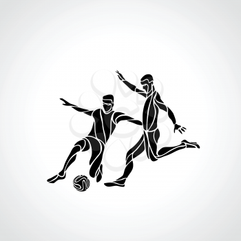 Soccer or football players kicks the ball. Abstract line art vector silhouette. Illustration on white background.