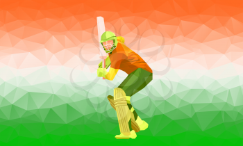 Cricket player silhouette polygonal low poly illustration with stylized India flag and national colors saffron, white and green. Eps 10
