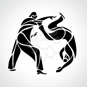 Judo or aikido martial arts vector logo, label, badge with two fighters