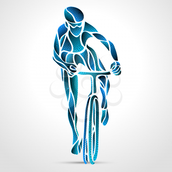 Abstract creative silhouette of bicyclist. Blue cyclist wave style logo. Front view. Vector illustration of bike