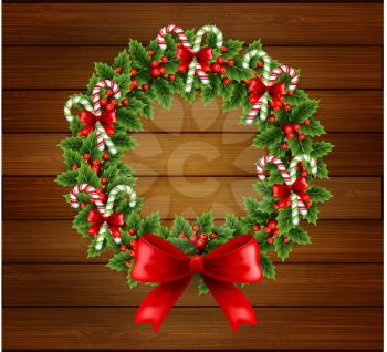 Vector illustration Christmas holly wreath with red bow in wood background