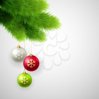 Vector Green Pine branches with white, red and gold balls. Christmas tree decoration.