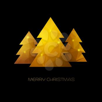 Golden Christmas tree. Merry Christmas greeting card. Vector polygonal design