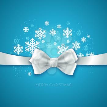 Blue Christmas background with white silk bow Vector illustration