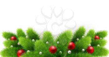 Winter holiday background. Border with Christmas tree branches isolated on white. Garland, frame with hanging baubles.