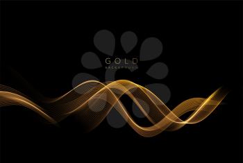 Abstract shiny golden wavy design element with glitter effect. Flow gold wave on dark background. Fashion motion design for website and advertising banner, gift voucher