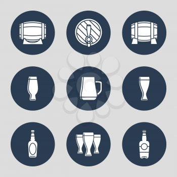 Beer icons set with glasses bottles barrels. Vector illustration
