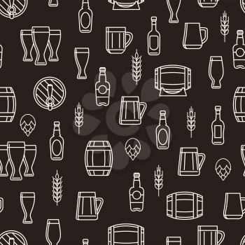 Beer seamless pattern with bottles glasses barrels hops and wheat. Vector illustration