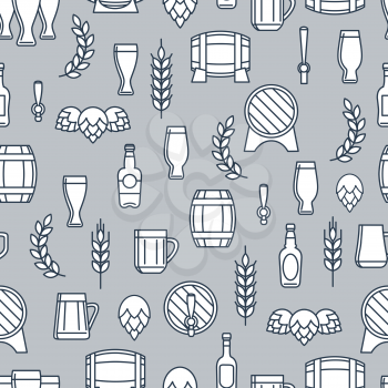 Beer seamless pattern with flat elements. Barrels bottles glasses wheat hop. Vector illustration
