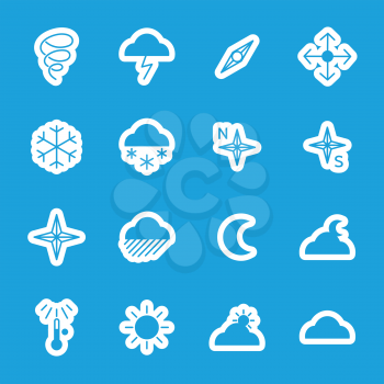 Flat weather stickers icons set vector isolated on blue