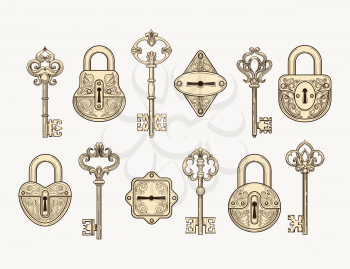 Set of hand drawn vintage keys and locks vector