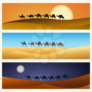 Caravan in desert. Caravan of camels in Egyptian desert. Vector illustration