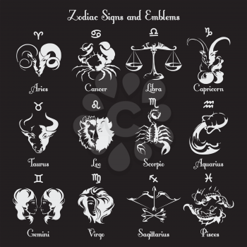 Zodiac symbols or zodiac signs. White images and text ob black background. Vector illustration