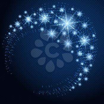 Vector glowing circle with stars, sparkles and lights. Blue stars on dark blue background