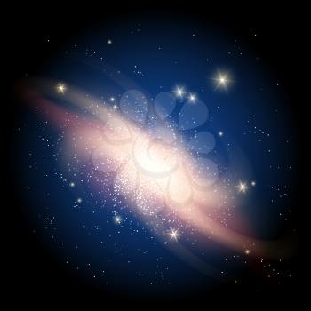 Galaxy background. Cluster of stars sparkling on dark blue background. Vector illustration