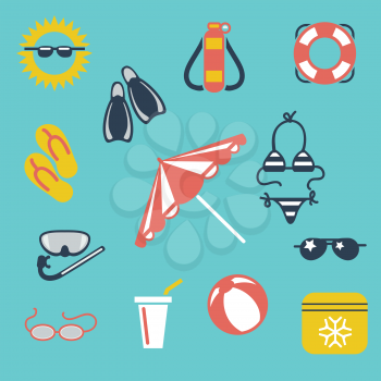 Colorful summer flat icons ball sunglasses swimwear sun umbrella vector