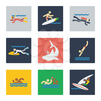 Sea sports flat icons with people and dangerous sea predator shark. Vector illustration