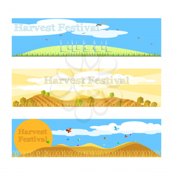 Horizontal flat harvest festival banners set. Vector illustration