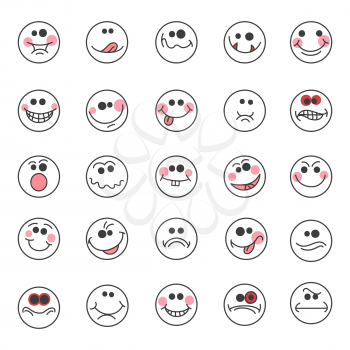 Hand drawn various expressions or vector doodle emoticons