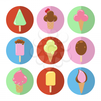 Colorful flat ice cream circle icons set. Vector illustration
