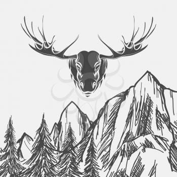 Nature background with hand drawn forest and elk. Vector illustration