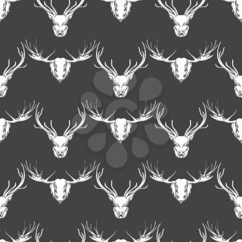 White and grey seamless pattern with deer and elk heads. Vector illustration