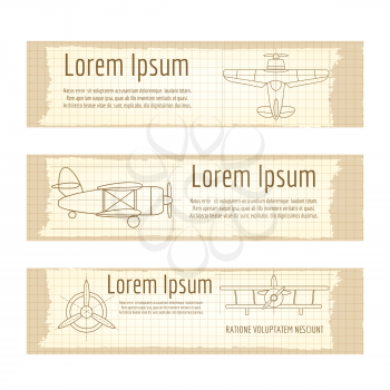 Vintage banners set with planes structure on the notebook pages. Vector illustration