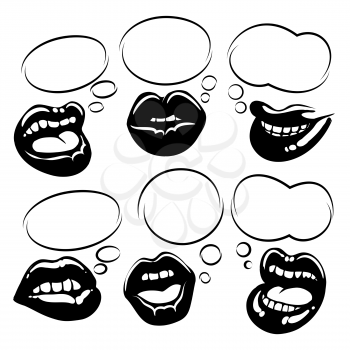 Set of black and white lips with bubble speech isolated on white. Vector illustration