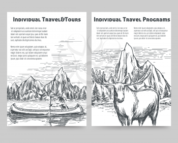 Hand drawn travel flyers vector with nature elk mountains