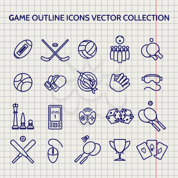 Ball pen game outline icons set vector on notebook page vector
