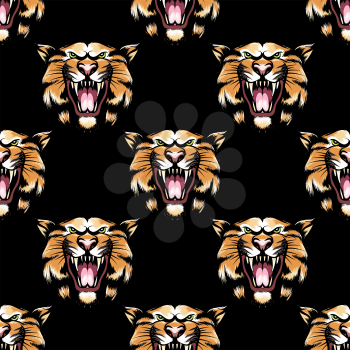 Seamless pattern with hand drawn tiger head on black background. Vector illustration