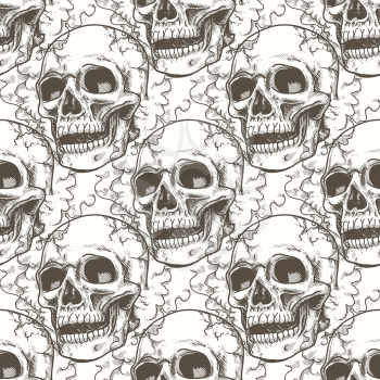 Seamless pattern with hand drawn skull and smoke. Vector illustration