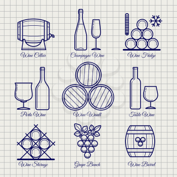Wine line icons set vector. Barrels, glasses, grape and bottle on notebook