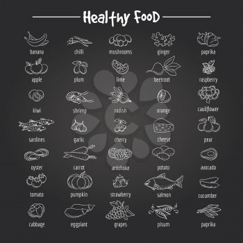 Healthy eating fresh food. Hand drawn fish and vegetables vector illustration