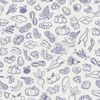 Fruits and vegetables seamless pattern. Food sketch style vectorbackground