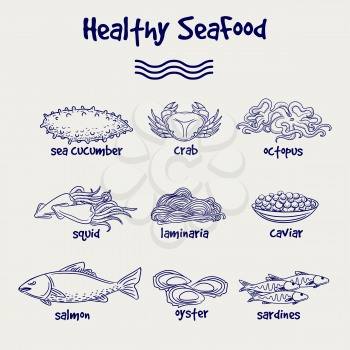 Hand drawn healthy seafood set in ball pen drawing style. Vector illustration