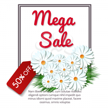 Mega sale banner with sale tag and camomile bouquet vector