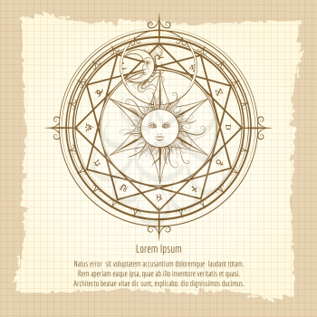 Vintage occult hermetic circle. Alchemy magic circle on notebook backdrop vector illustration