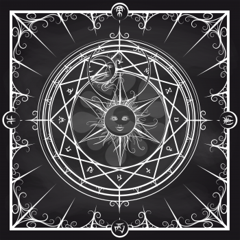 White occult hermetic circle vector illustration. Alchemy magic circle on chalkboard background