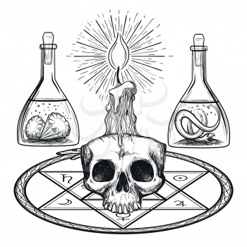 Skull with candle hand drawn alchemy occult elements from dark ages vector illustration
