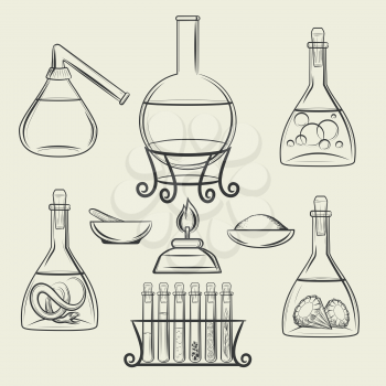 Alchemical vessels. Hand drawn chemistry and biology vintage science lab equipment. Vector illustration