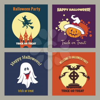 Halloween party night scary flat posters vector illustration with witch and ghost, bat and halloween pumpkin