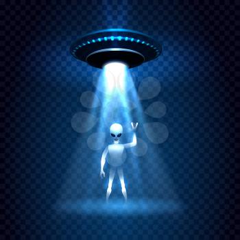 UFO invasion sky light beam with alien isolated on transparent background. Vector illustration